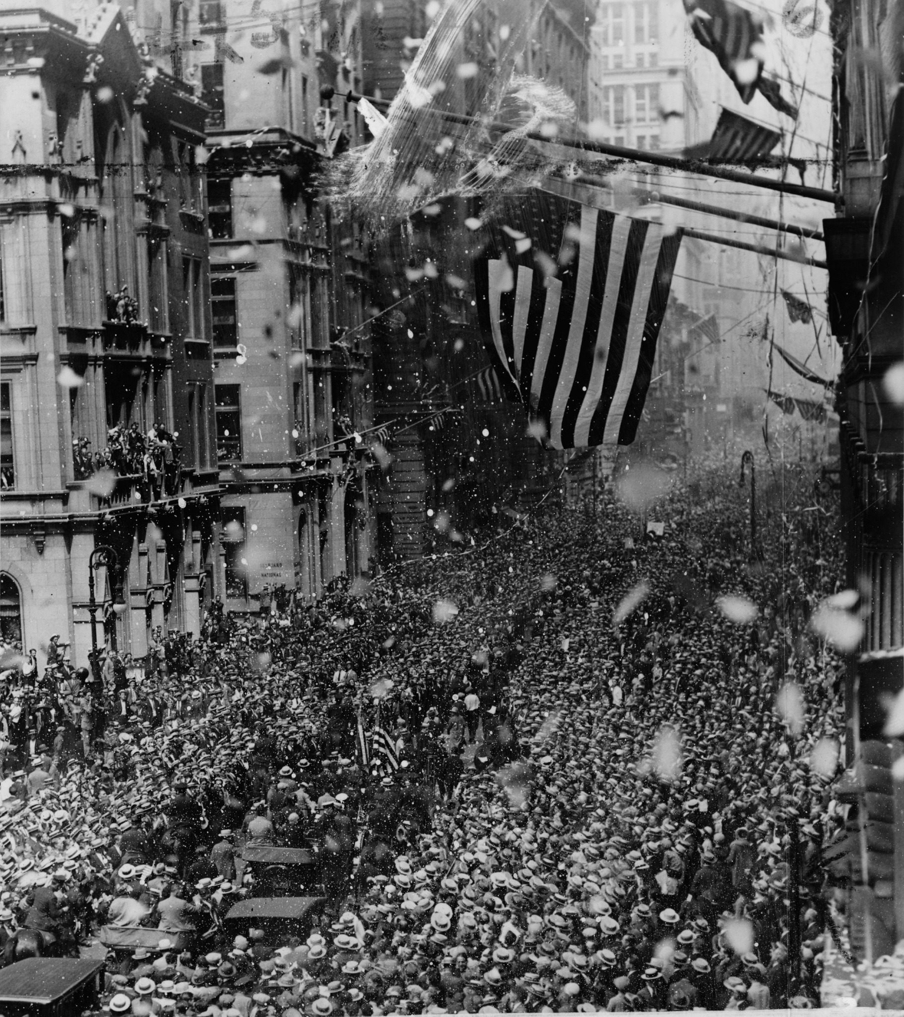 Huge crowds fill a New York street during Gertrude Ederle's ticker-tape parade